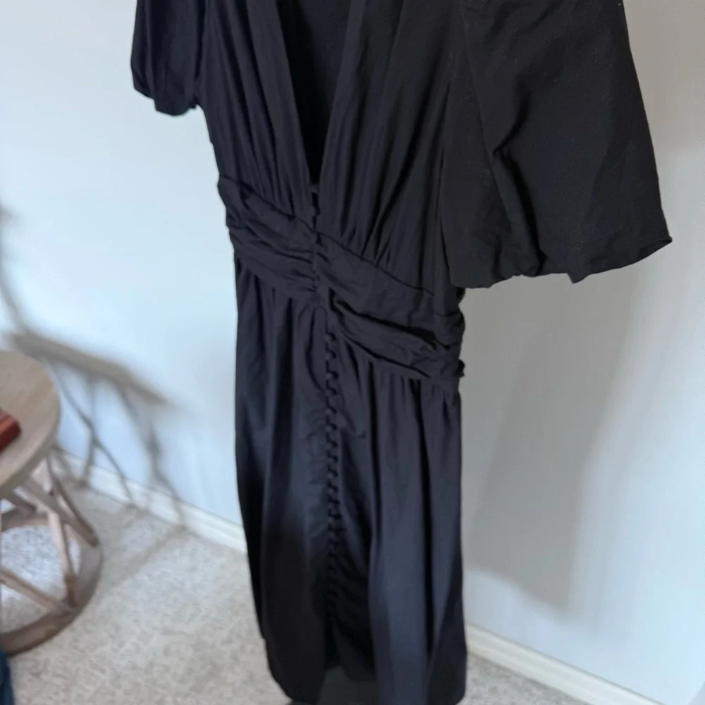 Anthro Somerset Black Midi Dress M Puff Sleeve Ruched Waist - Picture 4 of 7